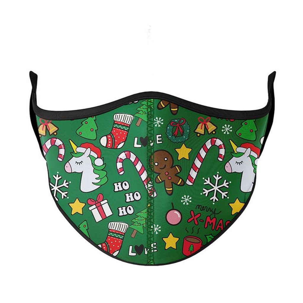 A green holiday mask with HO Ho HO and Xmas written on it with gingerbread men, candy canes, and unicorns wearing Santa hats.