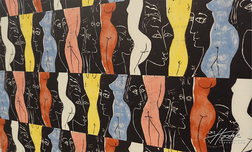 Artwork by Elizabeth Monath known as Liesl, showing line art drawing on black background with primary color nudes