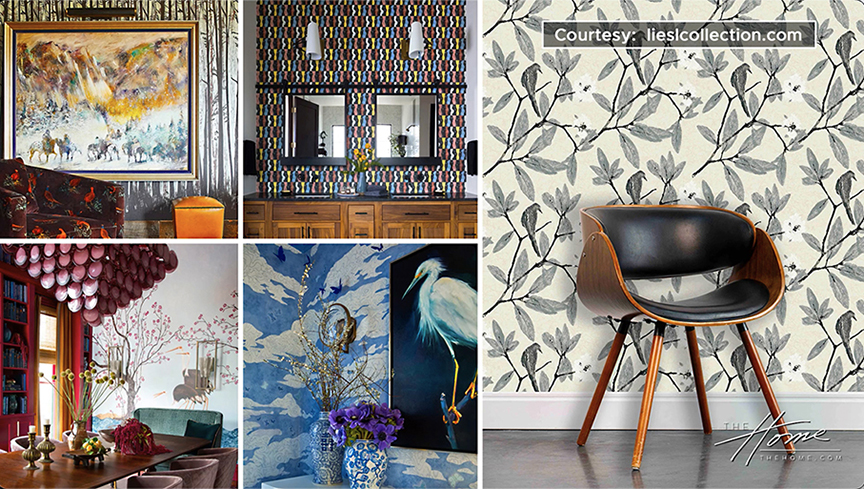 photo showing 5 wall covering patterns from Elizabeth Monath artwork in LIESL Collection by interior designer Andrea Monath Schumacher