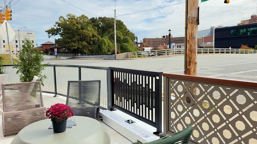 3 sample standing railing designs: brown, black, and gray with various patterns