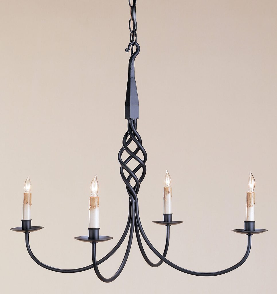black wrought iron candlestick-style chandelier with faux candles for lights